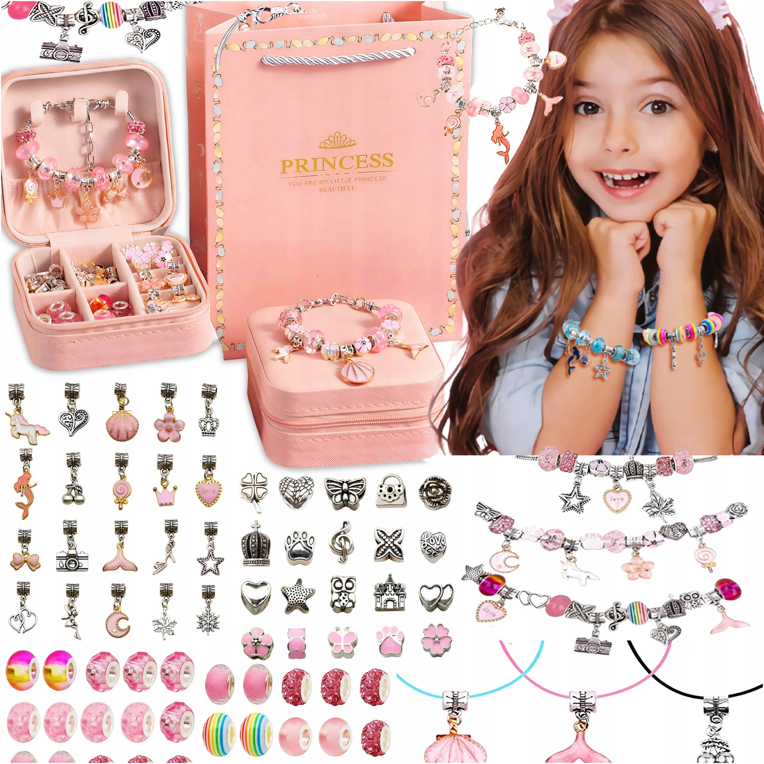 ZESTAW DO ROBIENIA BRANSOLETEK BIŻUTERII ZAWIESZKI KORALIKI KUFEREK CHARMS